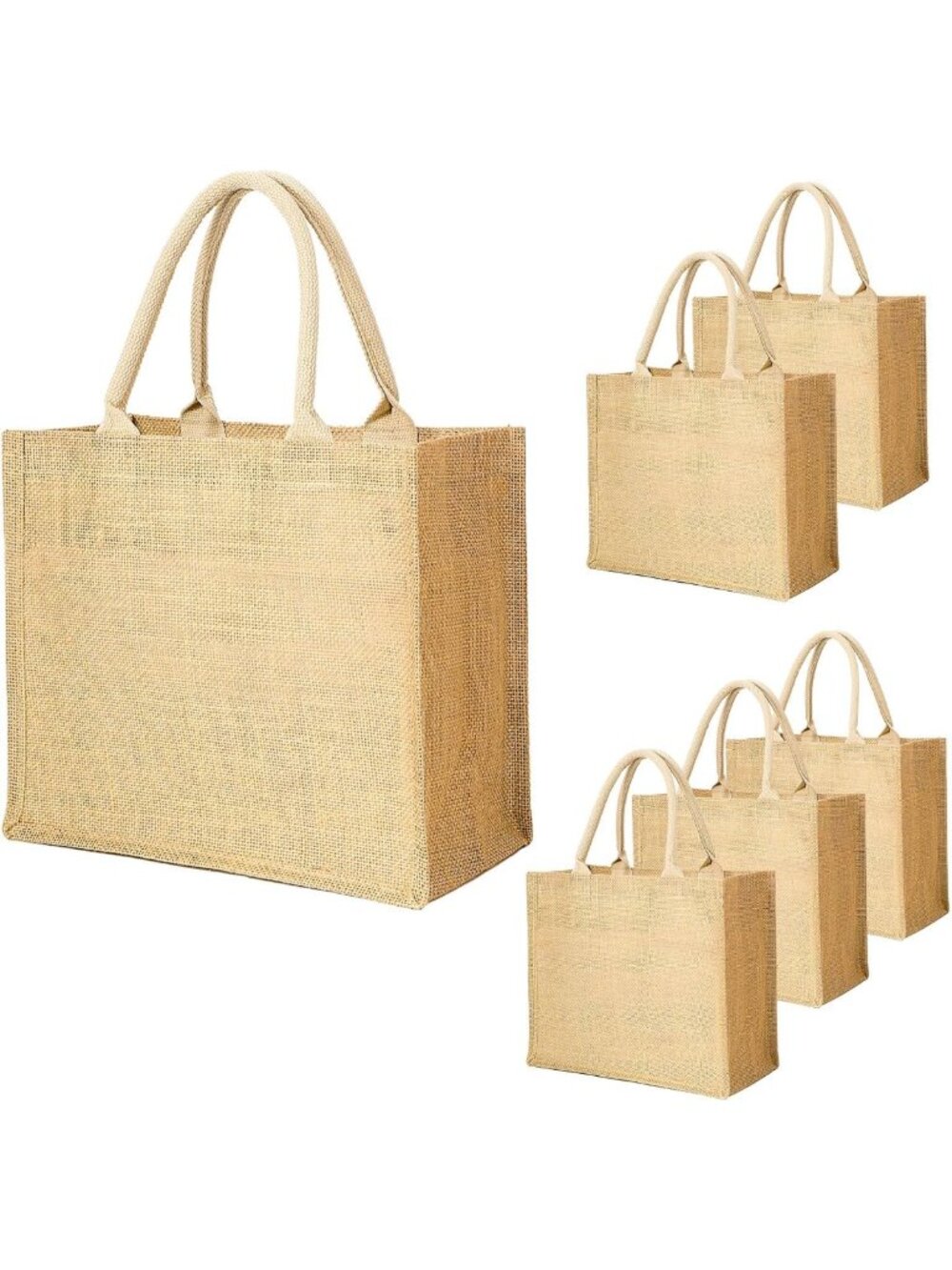 Set of 6 Reusable Burlap Tote Bags - Natural Jute Gift Bags for Weddings